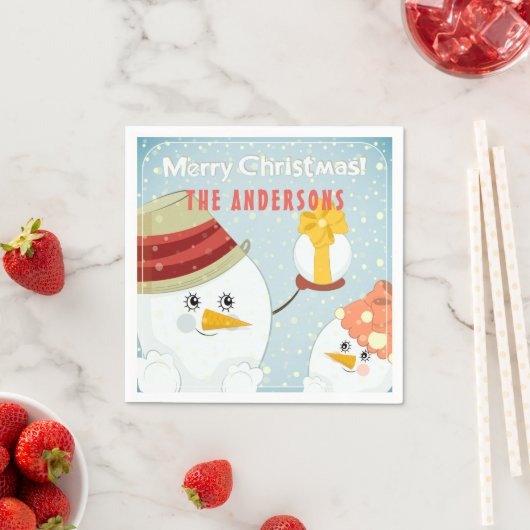 メリークリスマスキュート雪だるま冬季休暇名 スタンダードカクテルナプキン (インサイチュ)