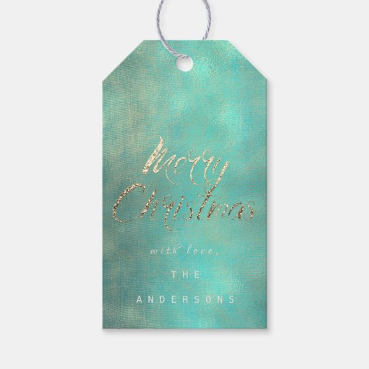 メリークリスマスギフトへ金ゴールドミントターコイズバーラップ ギフトタグ (正面)
