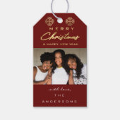 メリークリスマスギフト写真ブルゴーニュ灰色金ゴールド雪 ギフトタグ (正面)