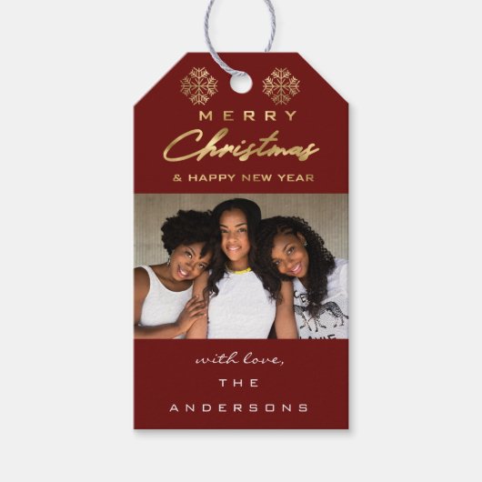 メリークリスマスギフト写真ブルゴーニュ灰色金ゴールド雪 ギフトタグ (正面)