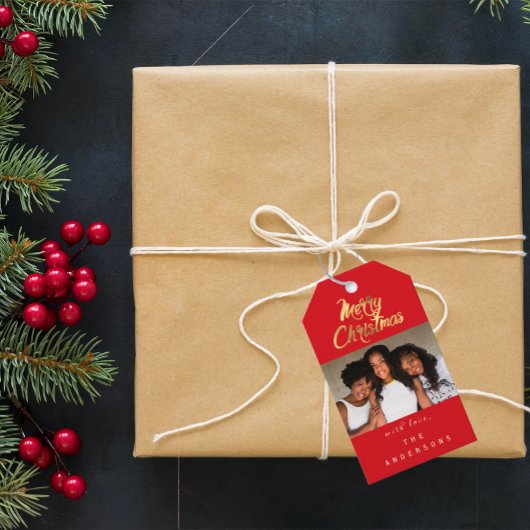 メリークリスマスギフト写真レッド金ゴールド雪 ギフトタグ