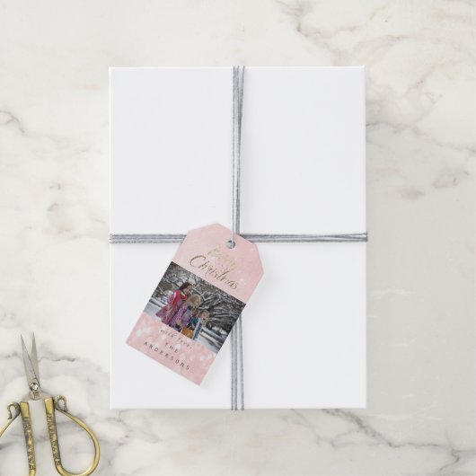 メリークリスマスギフト写真金ゴールドピンク雪 ギフトタグ (より糸付き)