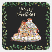 メリークリスマスギンガーブレッドハウスグリーンリース スクエアシール (正面)