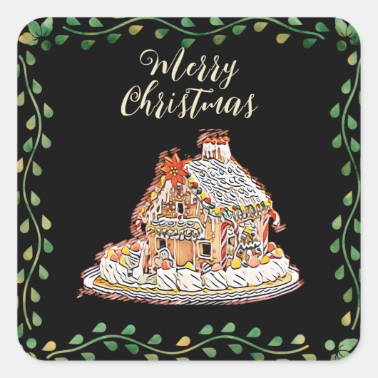 メリークリスマスギンガーブレッドハウスグリーンリース スクエアシール (正面)