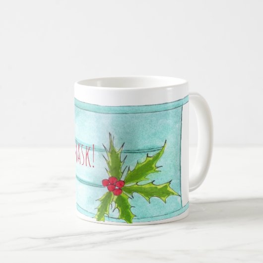 メリークリスマスクブルー顔マスク コーヒーマグカップ (正面右)