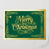 メリークリスマスクラシックのスクリプトグリーン 箔シーズンカード (正面)