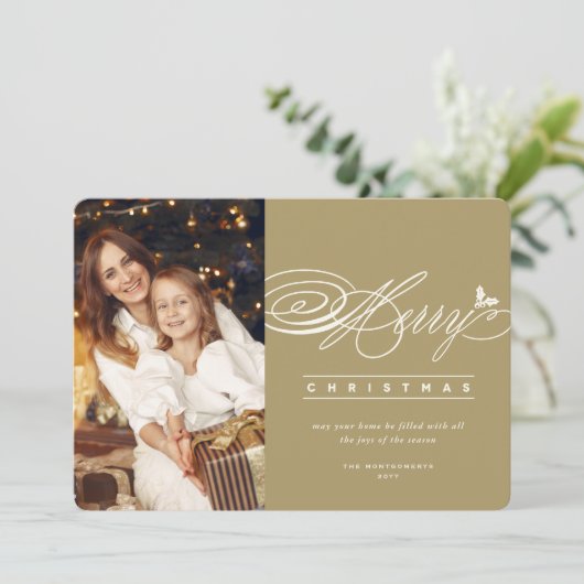 メリークリスマスクラシックのスクリプトフォトシエレガントック シーズンカード (スタンド正面)