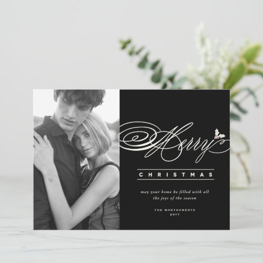 メリークリスマスクラシックのスクリプトフォトシエレガントック シーズンカード (スタンド正面)