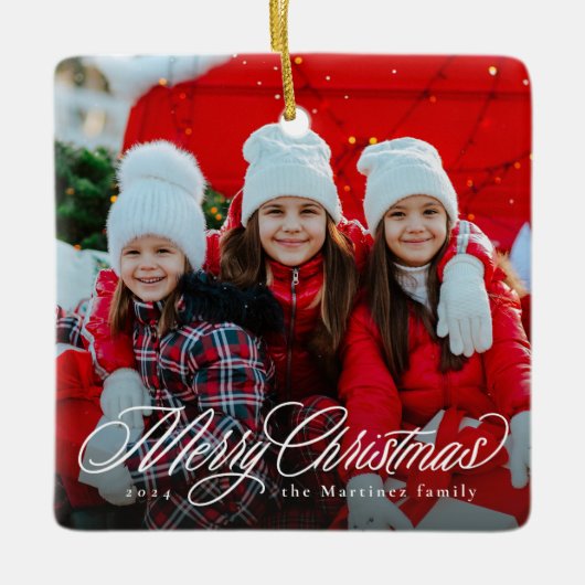 メリークリスマスクラシックの台本1枚の写真ホリデー セラミックオーナメント (正面)