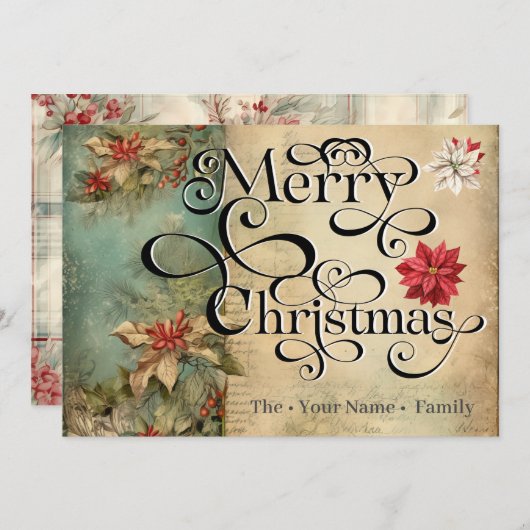 メリークリスマスクラシックシックフラワーズタイポグラフィ シーズンカード (正面/裏面)