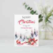 メリークリスマスクラシック赤い金貨と松 シーズンポストカード (スタンド正面)