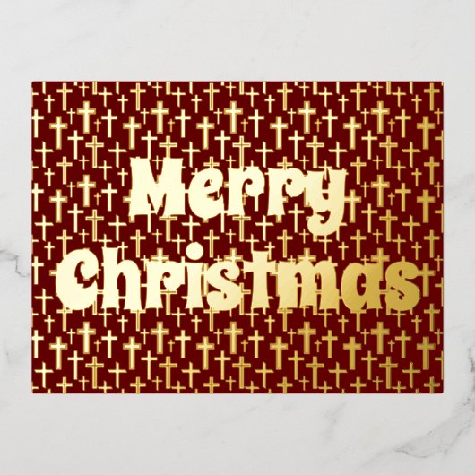メリークリスマスクロスエレガントレトロ赤ブルゴーニュ 箔シーズンポストカード (正面)