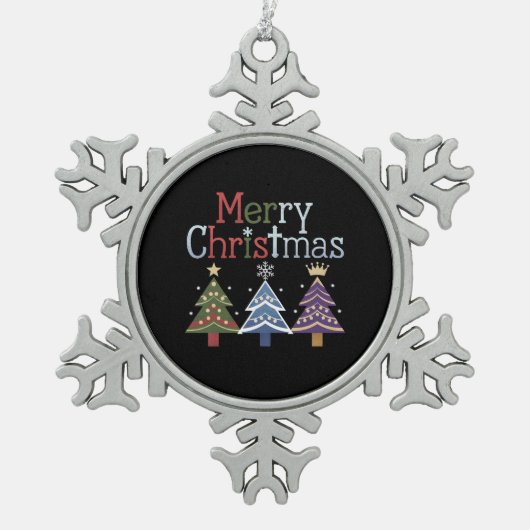メリークリスマスクロスクリスマスツリーレトロ スノーフレークピューターオーナメント (正面)