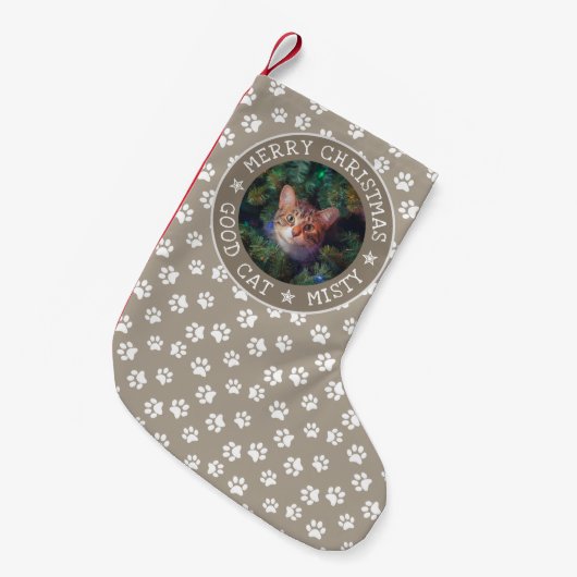 メリークリスマスグッド猫かわいいおもしろいペットの写真を追加 スモールクリスマスストッキング (正面 (吊り時))
