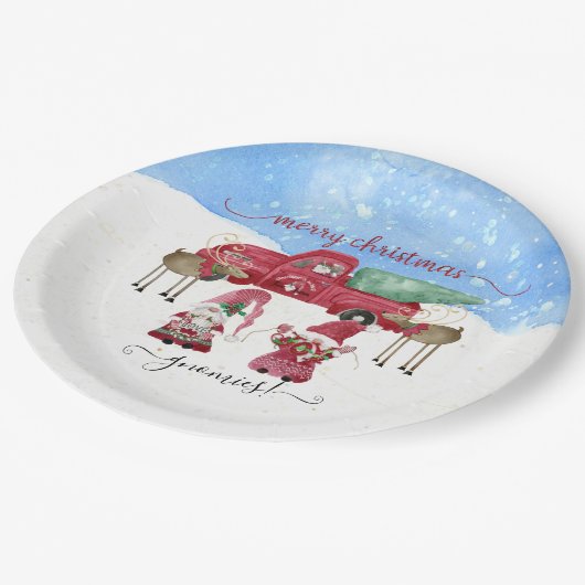 メリークリスマスグノミーズ雪の木の農場の水色 ペーパープレート (アングル)