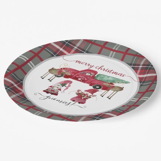 メリークリスマスグノミー格言レッドプレイドウォーター色 ペーパープレート (アングル)