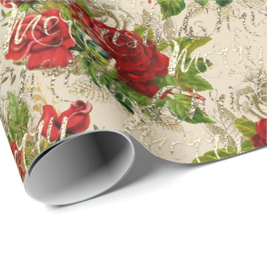 メリークリスマスグリッタースクリプトバラ金ゴールドレッドアイボリー ラッピングペーパー (ロールコーナー)