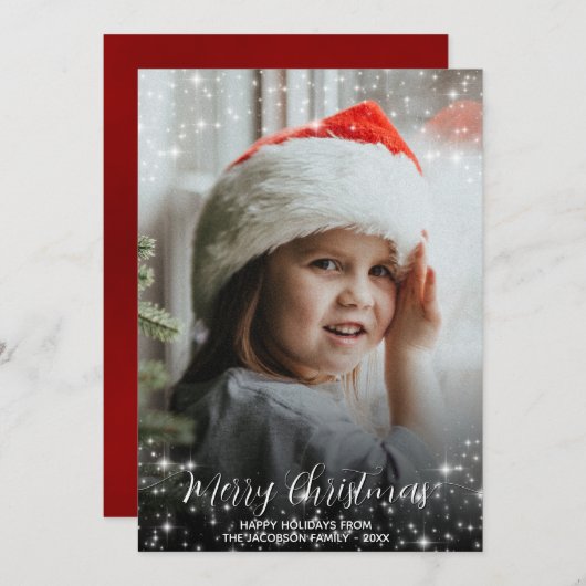 メリークリスマスグリッタースターズフォトオーバーレイレッド シーズンカード (正面/裏面)