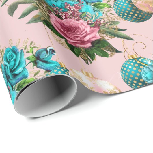 メリークリスマスグリッターボーブル金ゴールドピンクローズブルー ラッピングペーパー (ロールコーナー)