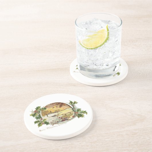 メリークリスマスグリーティングヴィンテージビレッジシーン コースター (側面)