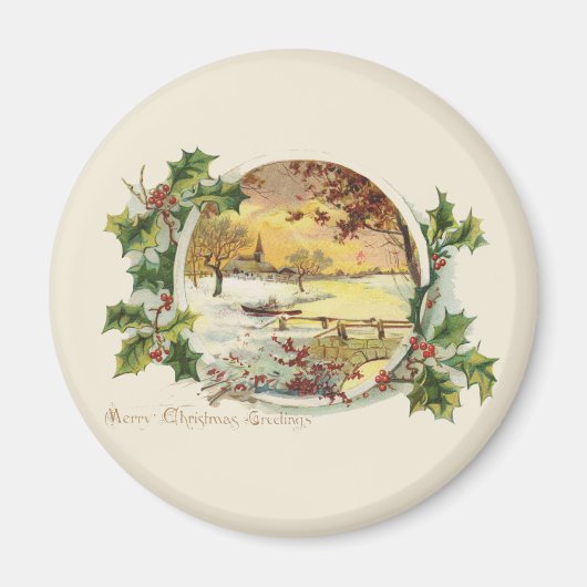 メリークリスマスグリーティングヴィンテージビレッジシーン マグネット (正面)