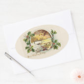 メリークリスマスグリーティングヴィンテージビレッジシーン 楕円形シール (封筒)