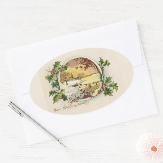 メリークリスマスグリーティングヴィンテージビレッジシーン 楕円形シール (封筒)
