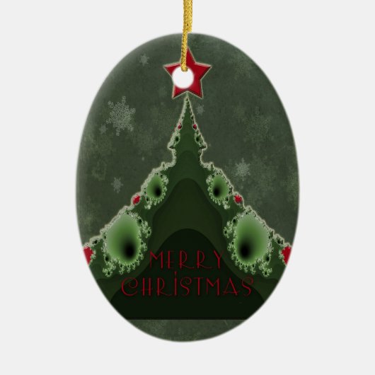 メリークリスマスグリーティング – フラクタルツリーとスター セラミックオーナメント (正面)
