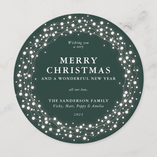 メリークリスマスグリーンきらめくラウンドライト シーズンカード (正面)
