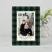 メリークリスマスグリーンと金ゴールドタータンチェックプライド写真 箔シーズンカード (立ち正面)