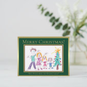 メリークリスマスグリーンに子供の家族の絵を加えよう シーズンポストカード (スタンド正面)