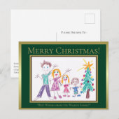 メリークリスマスグリーンに子供の家族の絵を加えよう シーズンポストカード (正面/裏面)