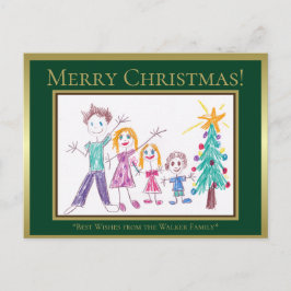 メリークリスマスグリーンに子供の家族の絵を加えよう シーズンポストカード
