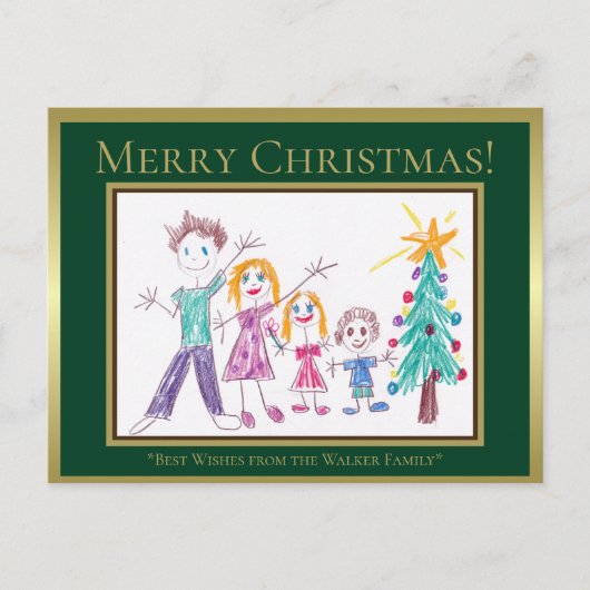 メリークリスマスグリーンに子供の家族の絵を加えよう シーズンポストカード (正面)