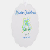 メリークリスマスグリーンのブルーボウにファミリー名texを追加 オーナメントカード (右)