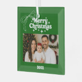 メリークリスマスグリーンの写真弓ハンドドロンレトロ ガラスオーナメント (正面左)