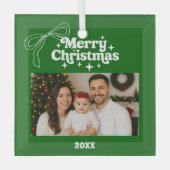 メリークリスマスグリーンの写真弓ハンドドロンレトロ ガラスオーナメント (正面)