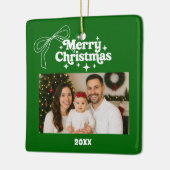メリークリスマスグリーンの写真弓ハンドドロンレトロ セラミックオーナメント (左)