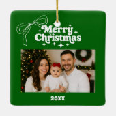 メリークリスマスグリーンの写真弓ハンドドロンレトロ セラミックオーナメント (裏面)