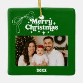 メリークリスマスグリーンの写真弓ハンドドロンレトロ セラミックオーナメント (正面)