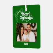 メリークリスマスグリーンの写真弓ハンドドロンレトロ メタルオーナメント (正面左)