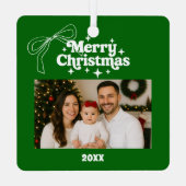 メリークリスマスグリーンの写真弓ハンドドロンレトロ メタルオーナメント (裏面)