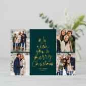 メリークリスマスグリーンの4枚の写真をお願い 箔シーズンカード (立ち正面)