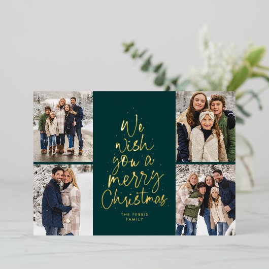 メリークリスマスグリーンの4枚の写真をお願い 箔シーズンカード (立ち正面)