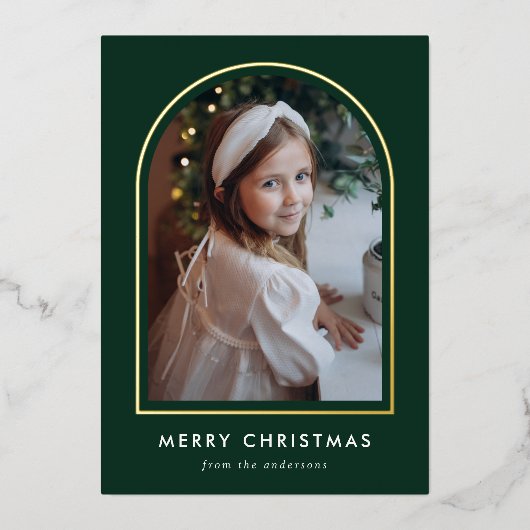 メリークリスマスグリーンアーチ写真 箔シーズンカード (正面)