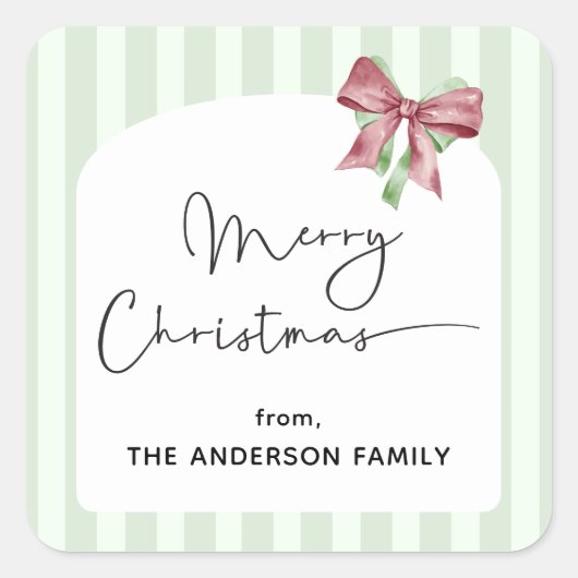 メリークリスマスグリーンストライプズ赤弓 スクエアシール (正面)
