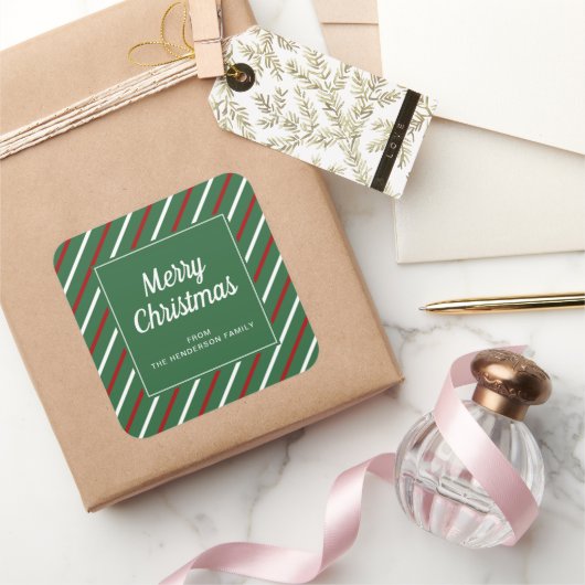 メリークリスマスグリーンストライプズ スクエアシール (ギフト)