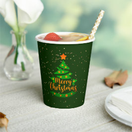 メリークリスマスグリーンツリー金ゴールドオレンジスターズ 紙コップ