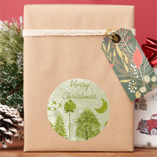 メリークリスマスグリーンパインズムーン&スターズ ラウンドシール (クリスマス)