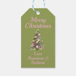 メリークリスマスグリーンピンクの木と名前 ギフトタグ